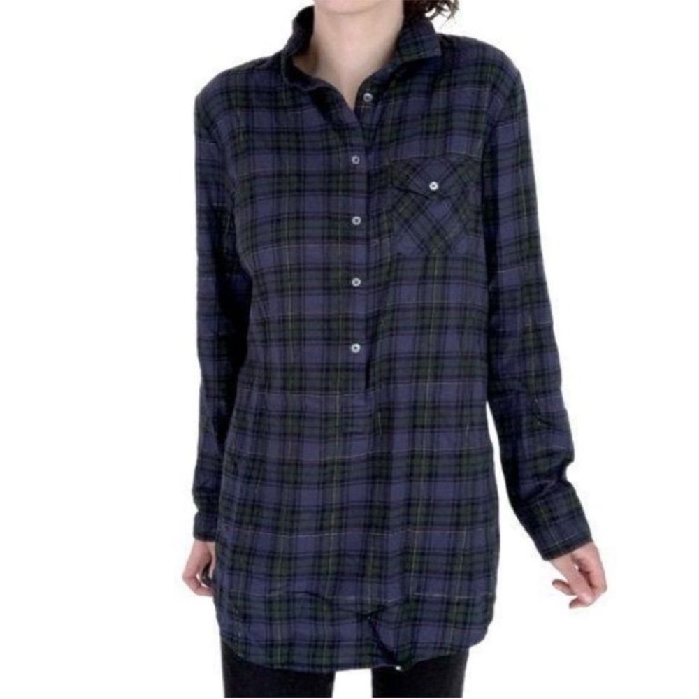 J Crew Button Down Gold Lined Plaid Oversized Tunic sz Large Purple Green Tartan